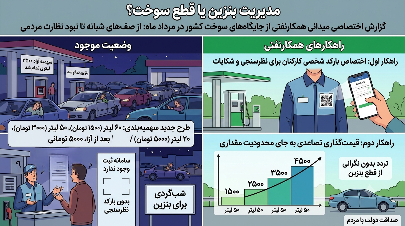 مدیریت سوخت یا قطع پنهان بنزین؟ / پشت پرده شب‌گردی رانندگان و بحران بی‌نظارتی در جایگاه‌ها